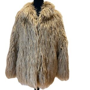 Donna Salyers Fabulous Furs Faux Fur Shaggy Teddy Coat Jacket Taupe Beige M